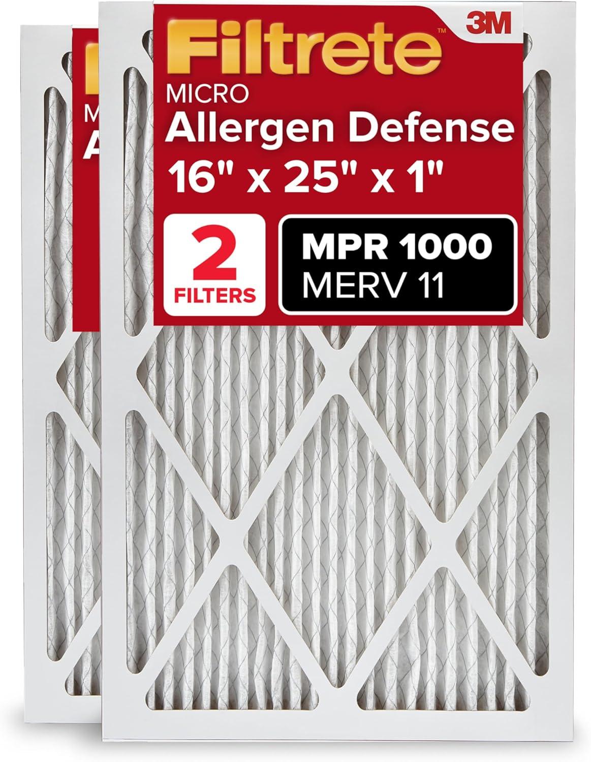 Filtrete 16x25x1 AC Furnace Air Filter, MERV 11, MPR 1000, Micro Allergen Defense, 3-Month Pleated 1-Inch Electrostatic Air Cleaning Filter, 2 Pack